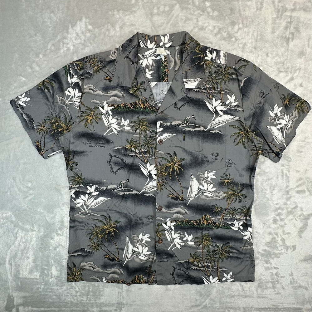Palmwave Hawaii Button‎ Down Mens XL Grey Tropical Surfer Aloha Shirt C90-A420